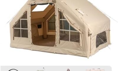 Inflatable Camping Tents with Pump, Air Glamping Tents, Easy Setup Waterproof and Windproof Blow up Tent, 4 Seasons Oxford Cabin Tent with Mesh & Chimney Window.