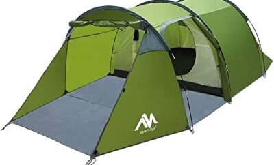 4 Person Tents for Camping, Ayamaya Tunnel Tent Camping with Vestibule 3-4 Person Waterproof, 2 Devided Rooms Bicycle Tent with Footprint for Bikepacking/Motorcycle Travel Hiking Mountaineering