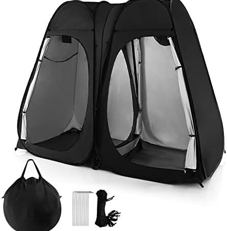 Goplus 2 Room Pop Up Shower Tent, 7.5FT Changing Tent with Ground Stake, Wind Rope, Carry Bag, Outdoor Instant Bathroom Tent with Window, Clothesline, Pocket, Portable Privacy Tent for Camping, Toilet