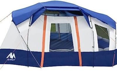 10 Person Tent – AYAMAYA Waterproof Multi Room Large Family Camping Tents with Skylight & Removable Rainfly, Portable Huge Cabin Tent 2 Doors with Porch, 4 Mesh Windows, Projection Screen for Camping