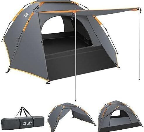 Cflity Tent for Camping, 2 3 Person Automatic Instant Pop Up Tent, Three Layer Waterproof 4 Season Camping Tents & Shelters with Extended Floor Mat Porch 2 Hall Poles Removable Rainfly Dome Tent