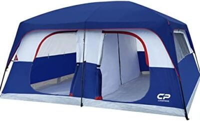 CAMPROS CP Tent 9/12 Person Camping Tents, 2 Room Weather Resistant Family Cabin Tent, 6 Large Mesh Windows, Double Layer, Divided Curtain for Separated Room, Portable with Carry Bag