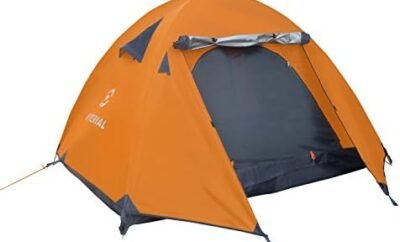 Winterial Three Person Tent – Lightweight 3 Season Tent with Rainfly, 3 Person Tent 4.4lbs, Stakes, Poles and Guylines Included, Camping, 3 Man Hiking and Backpacking Tent, Orange