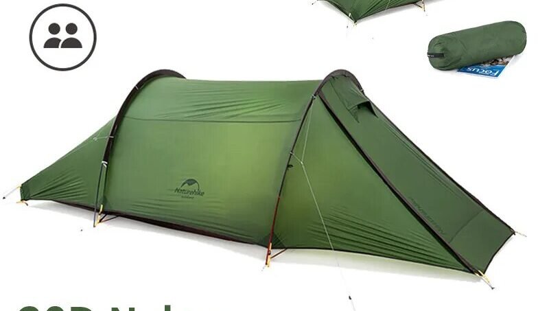 Naturehike 2 Person Camping Tunnel Tent 2.6kg Big Space 20D Nylon Double Layer Waterproof Tent Outdoor Travel Lobby Tent-YUNLU