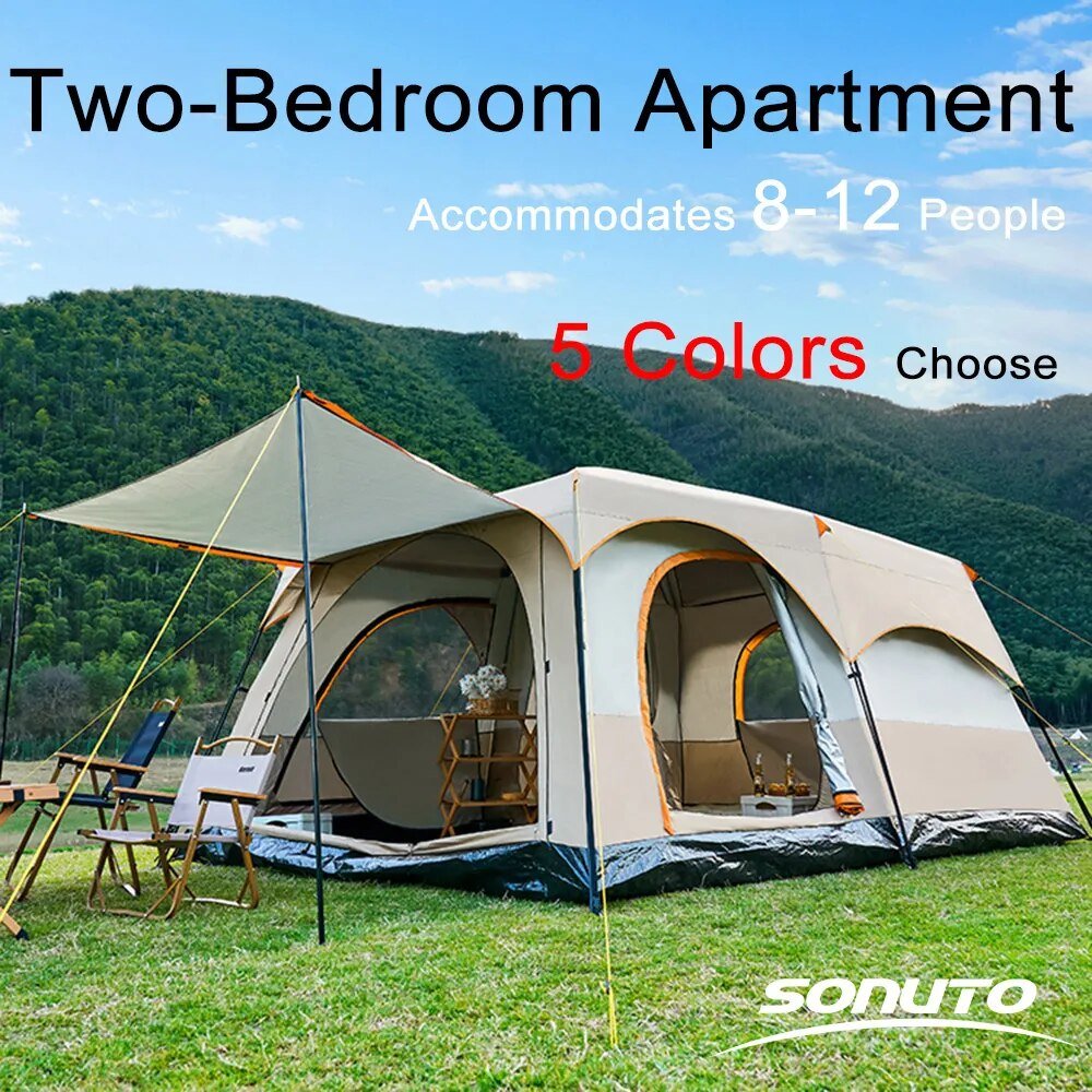 Sonuto Camping 5 Colors Tent 3-12 Person Double Layers Oversize 2 Rooms Thickened Rainproof Outdoor Family Camp Tour Equipment post thumbnail image